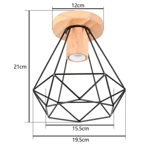 Modern taklampa i trä och metall med E27-sockel, svart cage-design