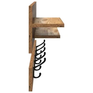 Väggmonterad hatthylla i trä med krokar och hyllor, minimalistisk