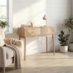 Konsolbord i mid-century modern-stil med lådor och öppna hyllor