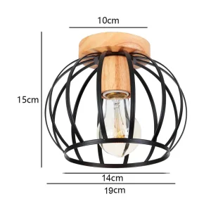 Modern taklampa i trä och metall med E27-sockel, svart cage-design