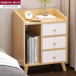 Modern minimalistisk sängbord i trä med 4 lådor och montering