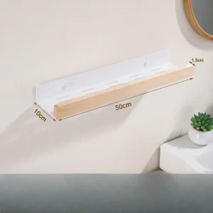Vägghylla i bokträ för badrum med borrfri montering