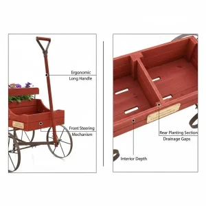 Rustik blomvagn i trä med 2 planteringsytor och 4 metallhjul