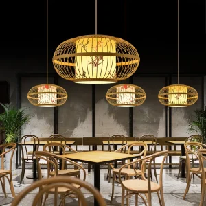 Alternative view of Bambu taklampa i kinesisk stil, handflätad pendellampa E27
