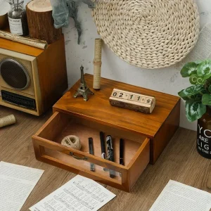 Retro förvaringslåda i trä med 2 lådor för skrivbord och hem