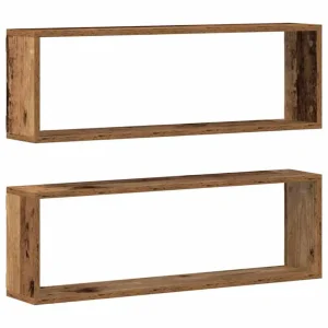 Vägghyllor med rack i vintage trä, 2 st, 80x15x26 cm