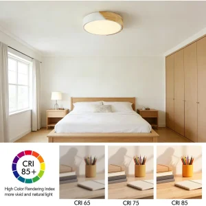 Modern taklampa i trä med LED, minimalistisk och plan montering