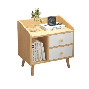 Modern minimalistisk sängbord i trä med 4 lådor och montering