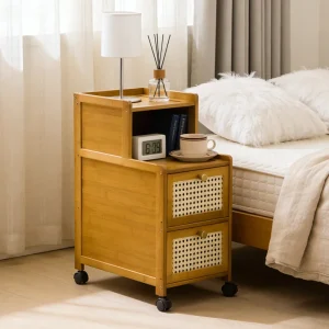 Modern sängbord i bambu med smal förvaring och hjul, 25 cm