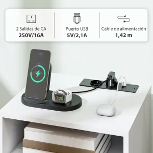 Sängbord med laddstation, 2 eluttag, USB-C och låda