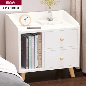 Modern minimalistisk sängbord i trä med 4 lådor och montering