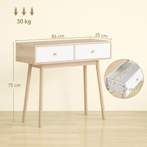 Modern konsolbord med 2 lådor, ek och vitt, 86 x 35 x 75 cm