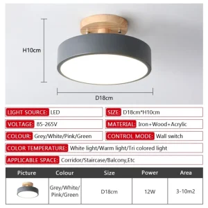 Nordisk taklampa i trä och metall, rund LED-plafond för hall och rum