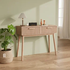 Konsolbord i naturligt trä, 100×35×80 cm, med 2 förvaringslådor