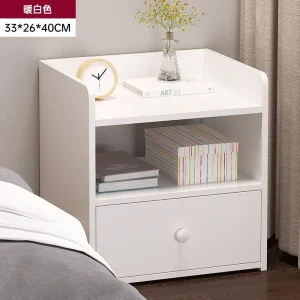Modern minimalistisk sängbord i trä med 4 lådor och montering