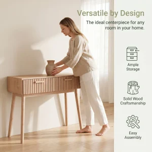 Konsolbord i naturligt trä, 100×35×80 cm, med 2 förvaringslådor