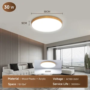 Modern LED-taklampa med träkänsla, dimbar och fjärrkontroll