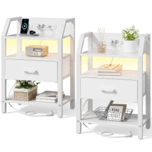 Nattduksbord med laddstation, USB-portar och fabric drawers