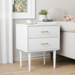 Modern vit sängbord med 2 lådor och träben
