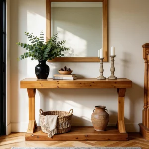 Rustik konsolbord i massivt granträ 120 cm med hylla