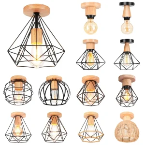 Modern taklampa i trä och metall med E27-sockel, svart cage-design