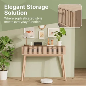 Konsolbord i naturligt trä, 100×35×80 cm, med 2 förvaringslådor