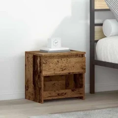Modern sängbord med låda och öppen hylla i trä