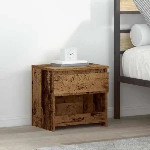 Modern sängbord med låda och öppen hylla i trä
