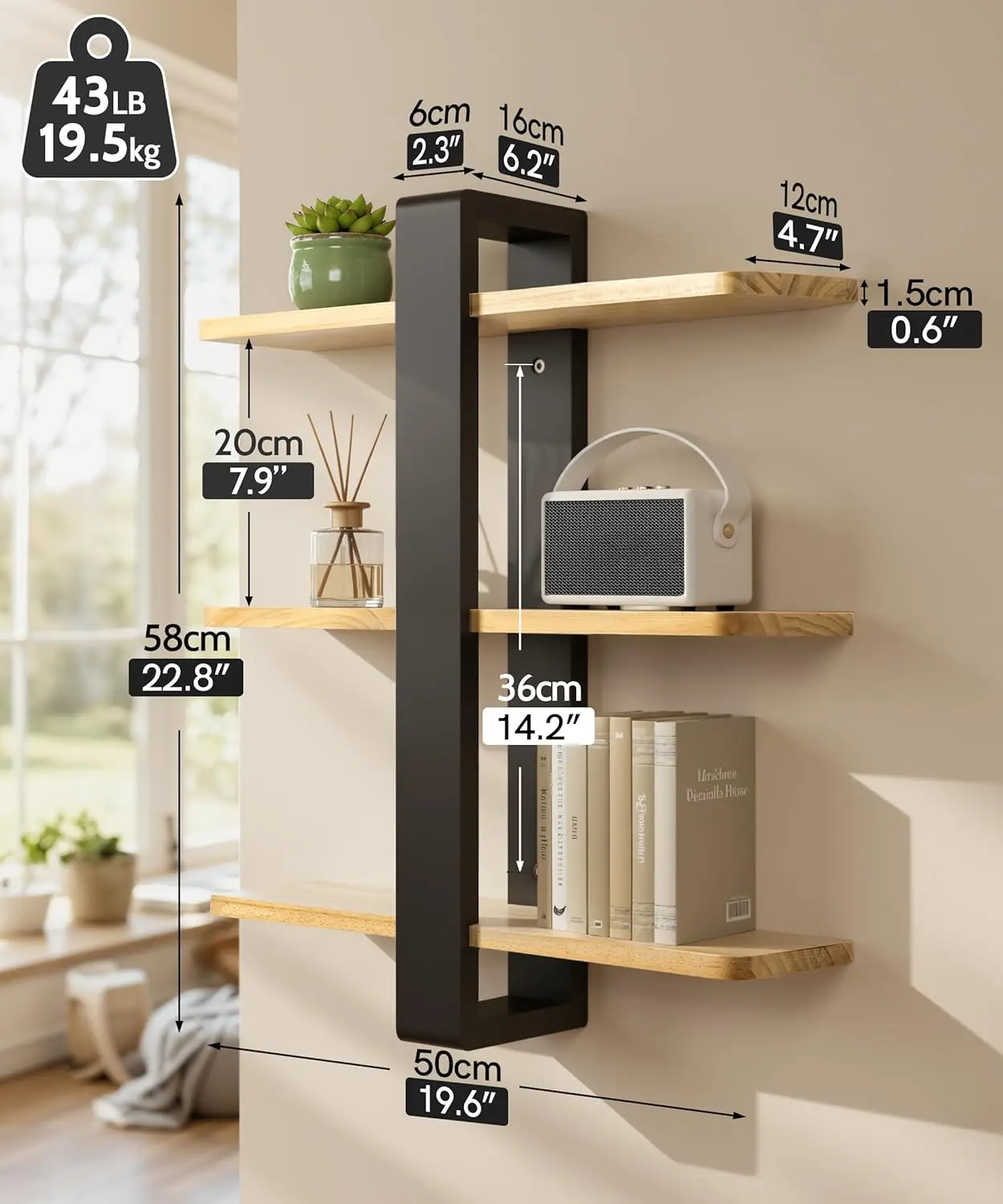Vägghylla i furuträ med 3 nivåer, justerbar och väggmonterad 4 Vägghylla i furuträ med 3 nivåer, justerbar och väggmonterad - Bild 4