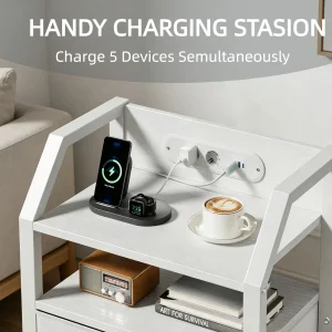 Nattduksbord med laddstation, USB-portar och fabric drawers