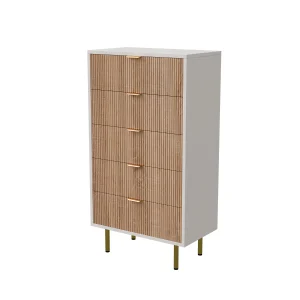 Modern minimalistisk byrå i trä med 5 lådor och gulddetaljer