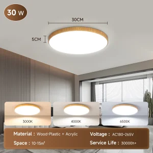 Modern LED-taklampa med träkänsla, dimbar och fjärrkontroll