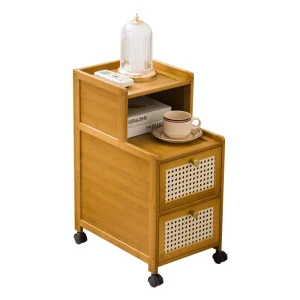 Modern sängbord i bambu med smal förvaring och hjul, 25 cm