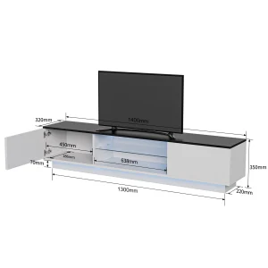 Modernt TV-bänk i trä med LED-belysning, 2 dörrar och 2 hyllor