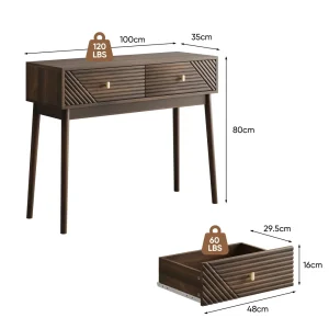 Konsolbord i mid-century modern-stil med lådor och öppna hyllor