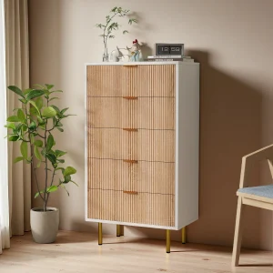 Modern minimalistisk byrå i trä med 5 lådor och gulddetaljer