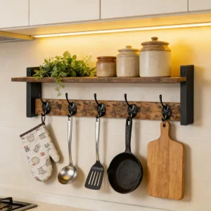 Vägghängd hatthylla 45 cm med hylla och 5 dubbelkrokar