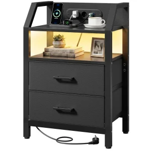 Nattduksbord med laddstation, USB-portar och fabric drawers