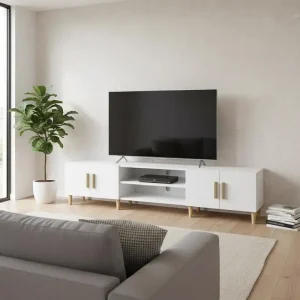 Modern TV-bänk i vitt och Sonoma ek, 180 x 31,5 x 40 cm