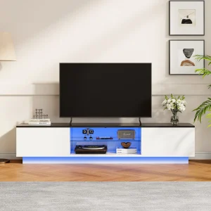 Modernt TV-bänk i trä med LED-belysning, 2 dörrar och 2 hyllor