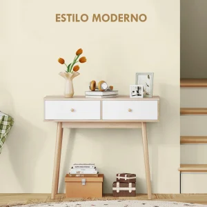 Modern konsolbord med 2 lådor, ek och vitt, 86 x 35 x 75 cm