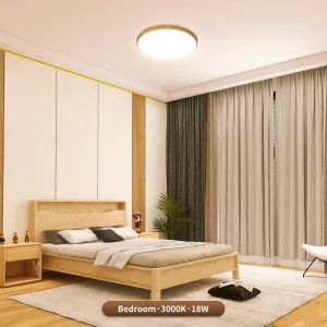 Modern LED-taklampa med träkänsla, dimbar och fjärrkontroll
