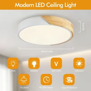 Modern taklampa i trä med LED, minimalistisk och plan montering
