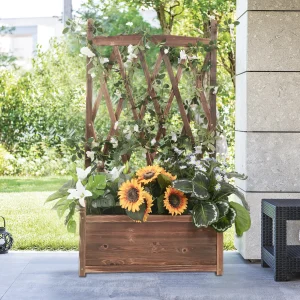 Upphöjd odlingslåda i trä med spaljé för örter och blommor