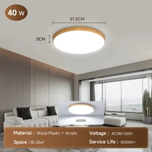 Modern LED-taklampa med träkänsla, dimbar och fjärrkontroll