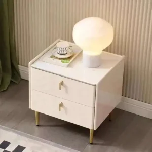 Minimalistiskt nattduksbord i trä med 2 lådor, modern och nordisk stil