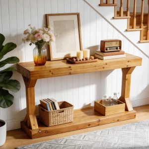 Rustik konsolbord i massivt granträ 120 cm med hylla