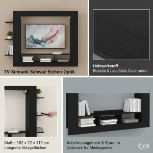 Vägghängt TV-bord i svart ek 152 x 22 x 113 cm, modern stil