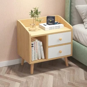 Modern minimalistisk sängbord i trä med 4 lådor och montering