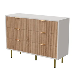 Modern minimalistisk byrå i trä med 5 lådor och gulddetaljer
